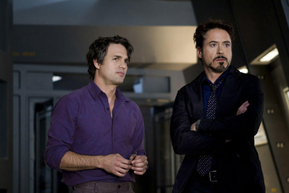 Mark Ruffalo and Robert Downey Jr. as Bruce Banner and Tony Stark in "The Avengers."