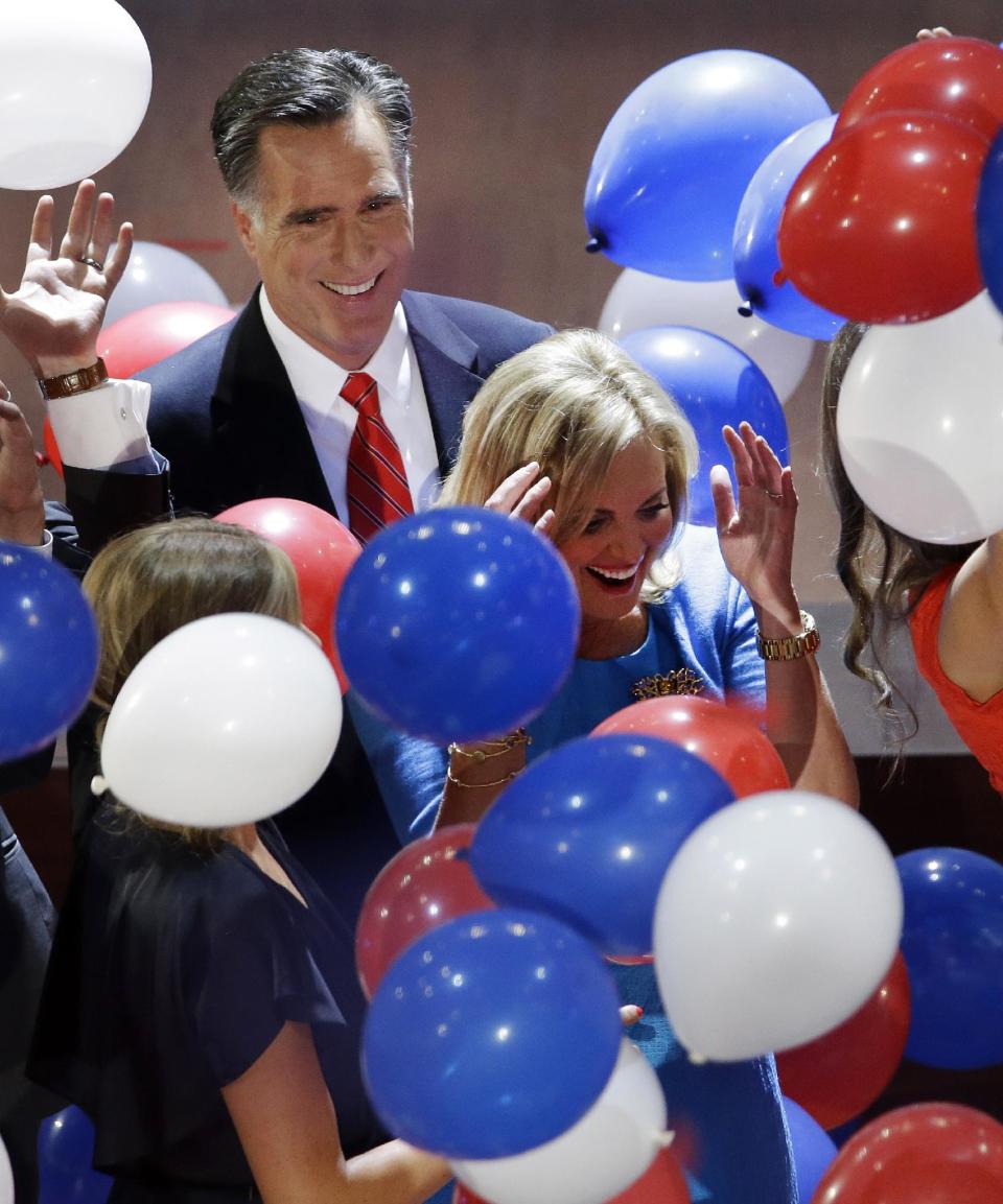 Republican presidential nominee Mitt Romney watches as balloons fall around him and his wife Ann during the Republican National Convention in Tampa, Fla., on Friday, Aug. 31, 2012. (AP Photo/Patrick Semansky)