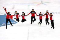 <p>Gold medalists Team Canada celebrate during the victory ceremony after the Figure Skating Team Event on day three of the PyeongChang 2018 Winter Olympic Games at Gangneung Ice Arena on February 12, 2018 in Gangneung, South Korea. (Photo by Dean Mouhtaropoulos/Getty Images) </p>