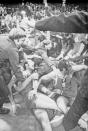 FILE - In this Sept. 10, 1972, file photo, Soviet players and supporters join in a joyous melee on the floor of the Munich Basketball Stadium, in Munich, after the Soviet team scored a 51-50 victory over the United States in the gold medal game of the Olympic basketball tournament. (AP Photo/File)