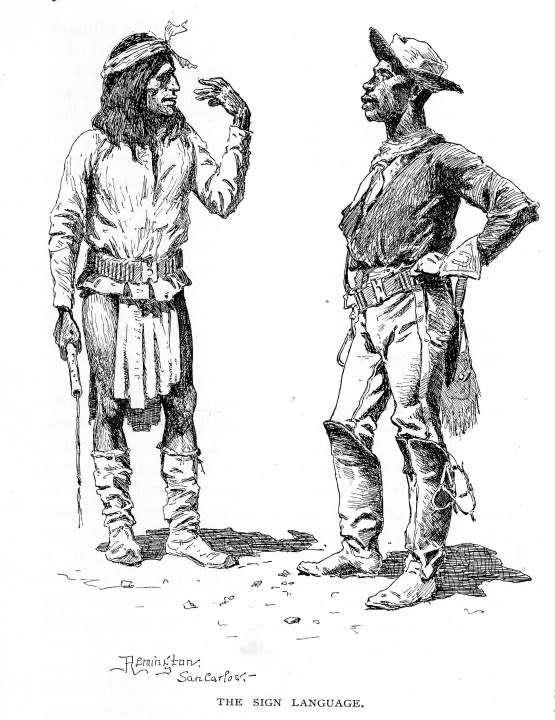 Illustration depicting an African American soldier of the 10th Cavalry, one of the original Buffalo Soldier regiments, speaking with a Native American through sign language, Arizona, 1888. The artist Fredric Remington toured with the regiment and drew this sketch for The Century Magazine, which published it in 1889. (Photo by Interim Archives/Getty Images)