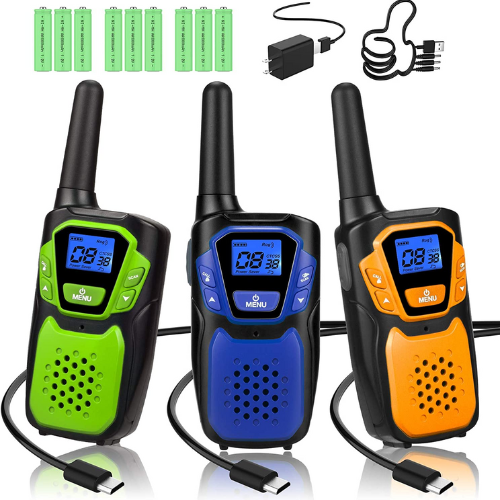 green, blue, and orange two-way kids walkie talkies