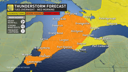 Southern Ontario Tuesday overnight storm risk map V2 Aug 27 2024