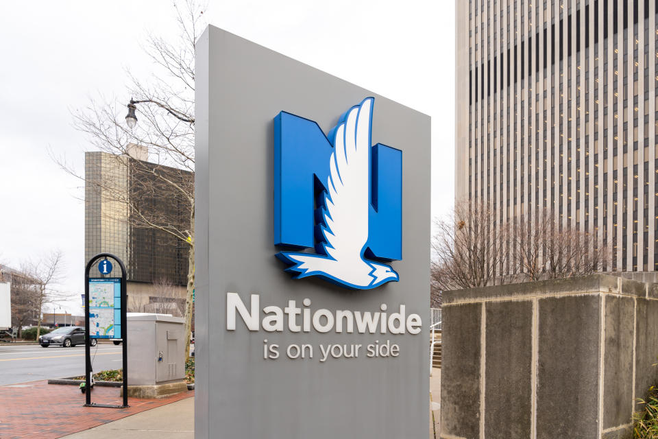 Columbus, Ohio, USA - December 27, 2021: Closeup Nationwide logo at their headquarters in Columbus, Ohio, USA. Nationwide is a group of U.S. insurance and financial services companies.