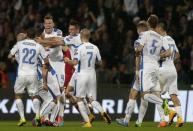 Juraj Kucka of Slovakia (3rd L) celebrates his goal against Spain with team mates during their Euro 2016 qualification soccer match at the MSK stadium in Zilina October 9, 2014. REUTERS/David W Cerny