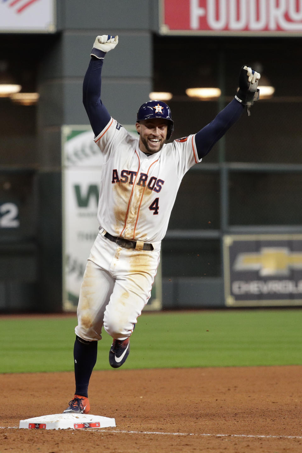 Houston Astros' George Springer celebrates after their win in Game 6 of baseball's American League Championship Series against the New York Yankees Saturday, Oct. 19, 2019, in Houston. The Astros won 6-4 to win the series 4-2. (AP Photo/Eric Gay)