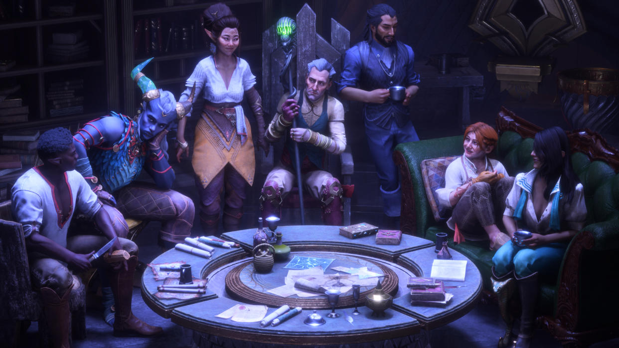  Dragon Age The Veilguard companions all sat around a round table. 