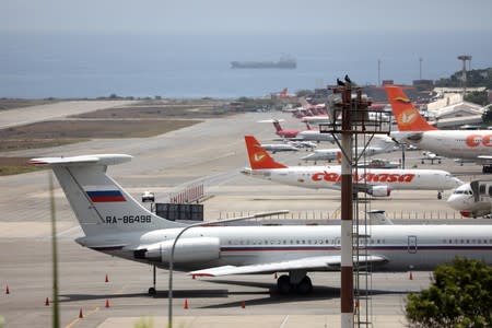 An airplane with the Russian flag is seen at Simon Bolivar International Airport in Caracas