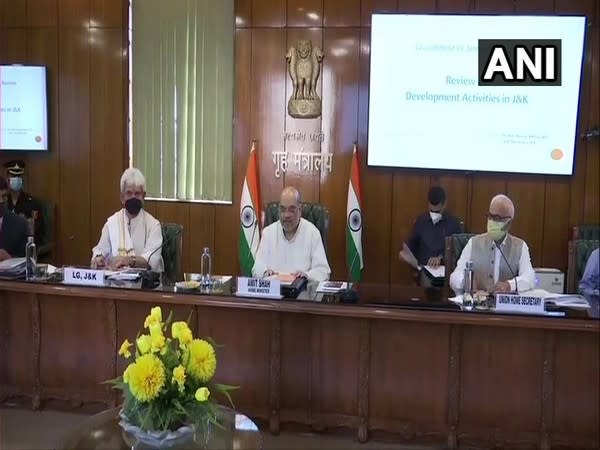 Union Home Minister Amit Shah (centre) holding a review meeting on ongoing developmental works in Jammu and Kashmir on Friday.