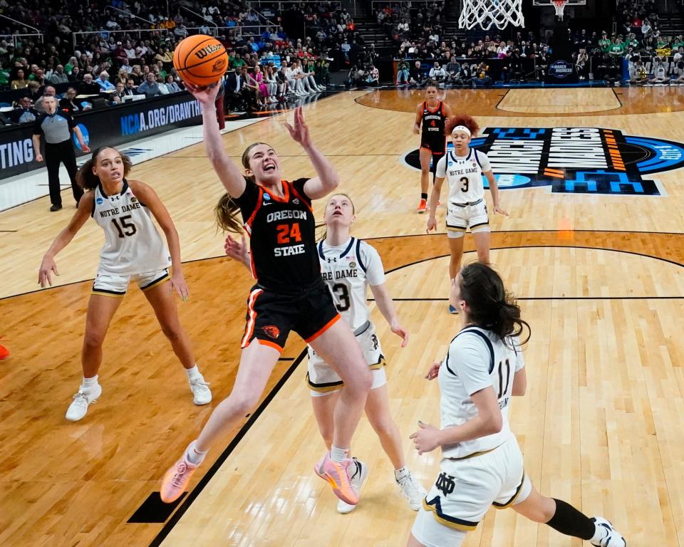 Oregon State Beavers guard Adlee Blacklock (24) shoots a layup against the Notre Dame Fighting Irish during the second half in the semifinals of the Albany Regional of the 2024 NCAA Tournament at the MVP Arena.
