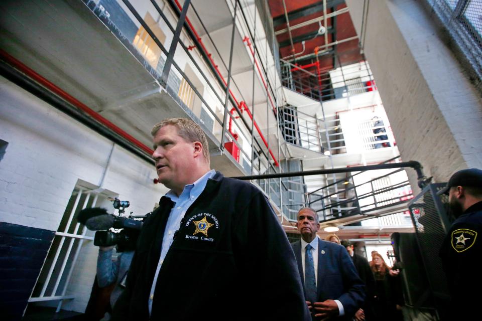 Bristol County Sheriff Paul Heroux gives media and state representatives a tour of the Ash Street jail in New Bedford which he plans on closing.