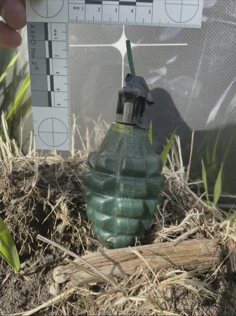 This photo released by the North Dakota Bureau of Criminal Investigation on Wednesday, July 19, 2023, shows a homemade grenade that authorities recovered from the car of a man who opened fire on Fargo, N.D., police officers on Friday, July 14. One officer, Jake Wallin, was killed and two others were injured before a fourth officer shot and killed 37-year-old Mohamad Barakat. (North Dakota Bureau of Criminal Investigation via AP)
