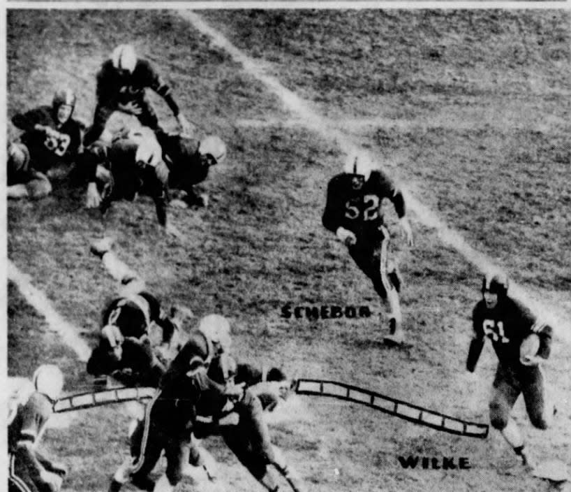 Xavier running back Cliff Wilke (61) led the Musketeers with 14 rushing touchdowns in 1949. He opened the scoring of Xavier's 1950 Salad Bowl win over Arizona State with a 2-yard score.