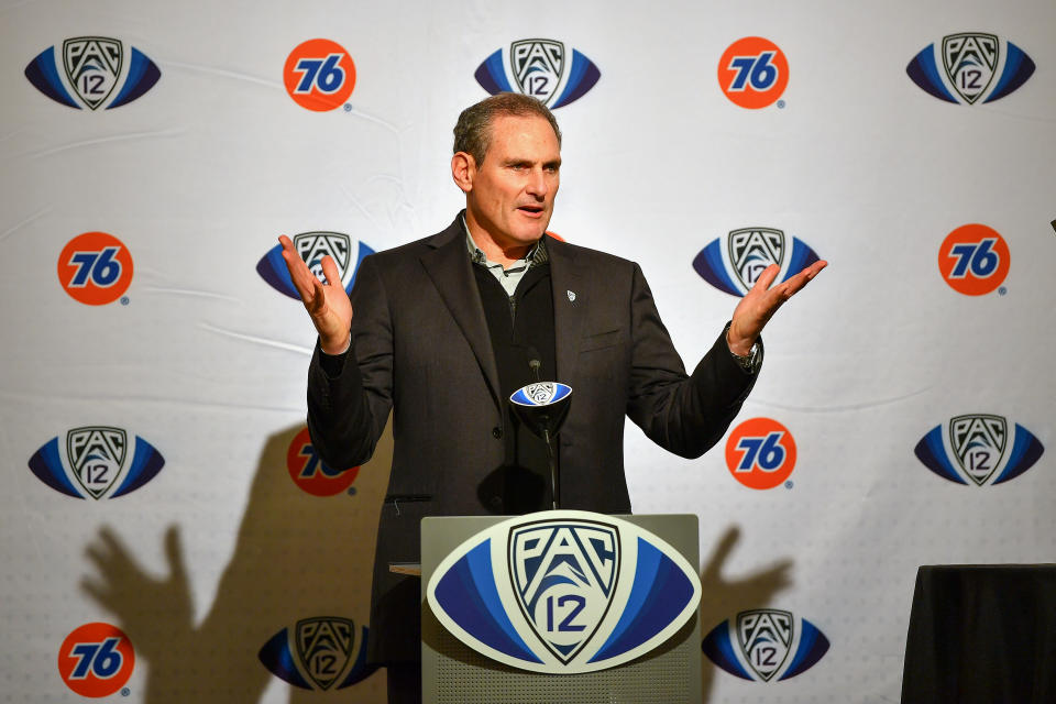 SANTA CLARA, CALIFORNIA - DECEMBER 06: Pac-12 Commissioner Larry Scott at the pre-game press conference before the Pac-12 Championship football game between the Oregon Ducks and the Utah Utes at Levi's Stadium on December 6, 2019 in Santa Clara, California. The Oregon Ducks won 37-15. (Alika Jenner/Getty Images)