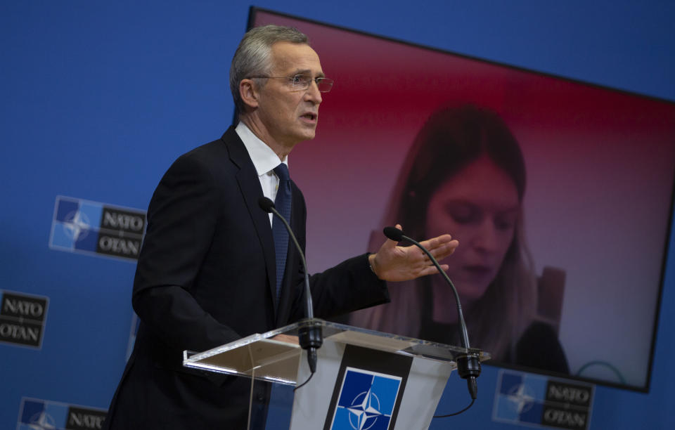 NATO Secretary General Jens Stoltenberg speaks during a media conference, after a meeting of NATO defense ministers in video format, at NATO headquarters in Brussels on Thursday, Feb. 18, 2021. (AP Photo/Virginia Mayo, Pool)