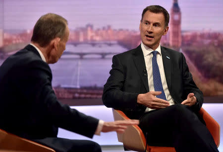 Britain's Health Secretary, Jeremy Hunt, speaks on the BBC's Marr Show in London, Britain June 24, 2018. Jeff Overs/BBC Handout via REUTERS