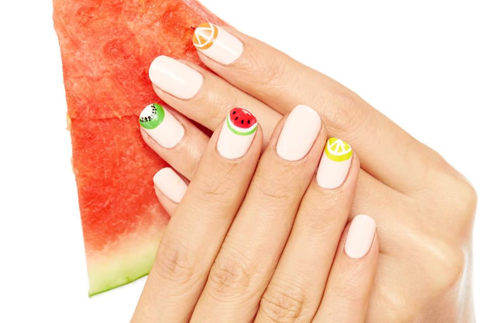 Orange, lemon, watermelon and kiwi nail art