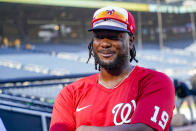 Washington Nationals and former Pittsburgh Pirates first baseman Josh Bell answers reporters' questions before the team's baseball game against the Pittsburgh Pirates, Friday, Sept. 10, 2021, in Pittsburgh. (AP Photo/Keith Srakocic)