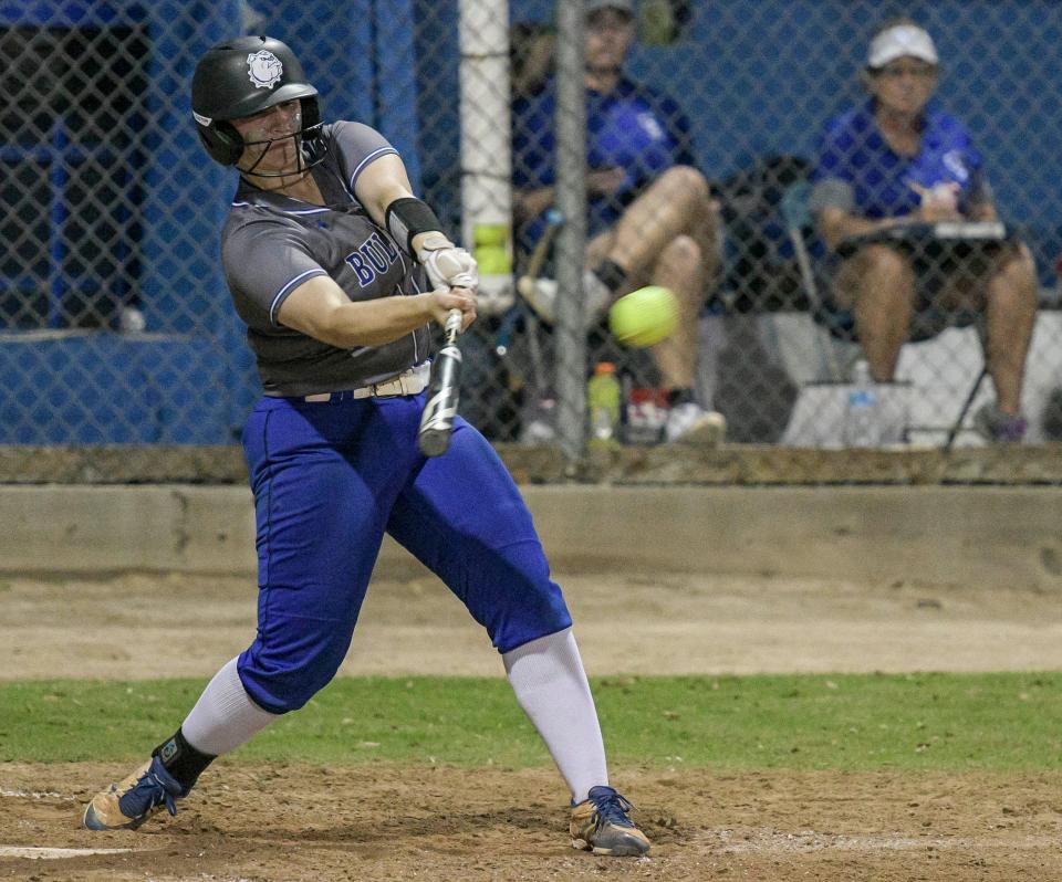MDCA’s Wynter Craft (4) gets a hit against Umatilla on March 22 in Mount Dora. The Bulldogs will host Deltona Trinity Christian on Wednesday in their Class 2A-Region 2 opener.