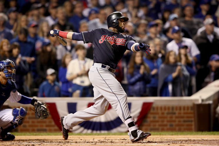 Carlos Santana's second-inning homer put him in exclusive company. (Getty Images)