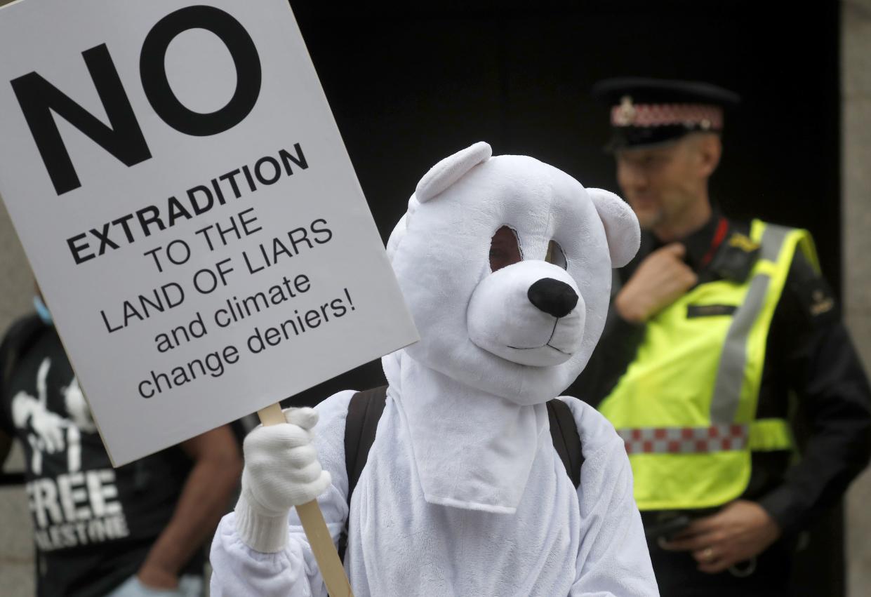 Julian Assange supporters protest outside the Old Bailey in London, England on Monday, Sept. 7, 2020.