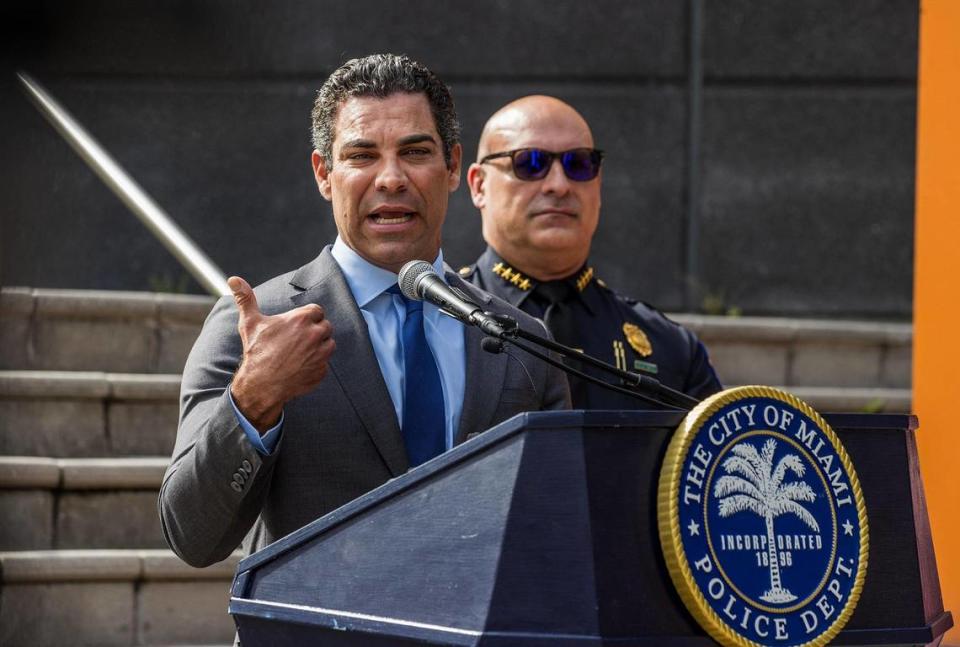 Miami Mayor Francis Suarez speaks during a joint press conference with Police Chief Manny Morales at police headquarters in downtown Miami, Jan. 10, 2024.