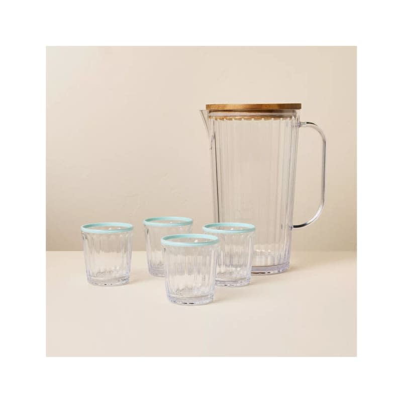 6pc Ribbed Plastic Pitcher and Tumbler Serving Set Clear/Light Blue - Hearth & Hand with Magnolia