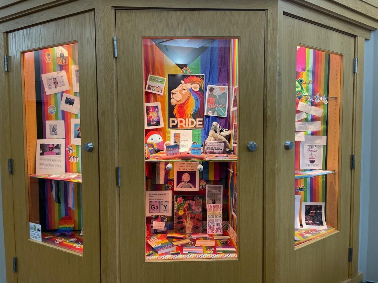 This Pride display, created in one of the community display cases at the Germantown Community Library was under attack by Germantown residents.  As a result, the Germantown Community Library Board is reviewing its display, exhibit and posting policy.
