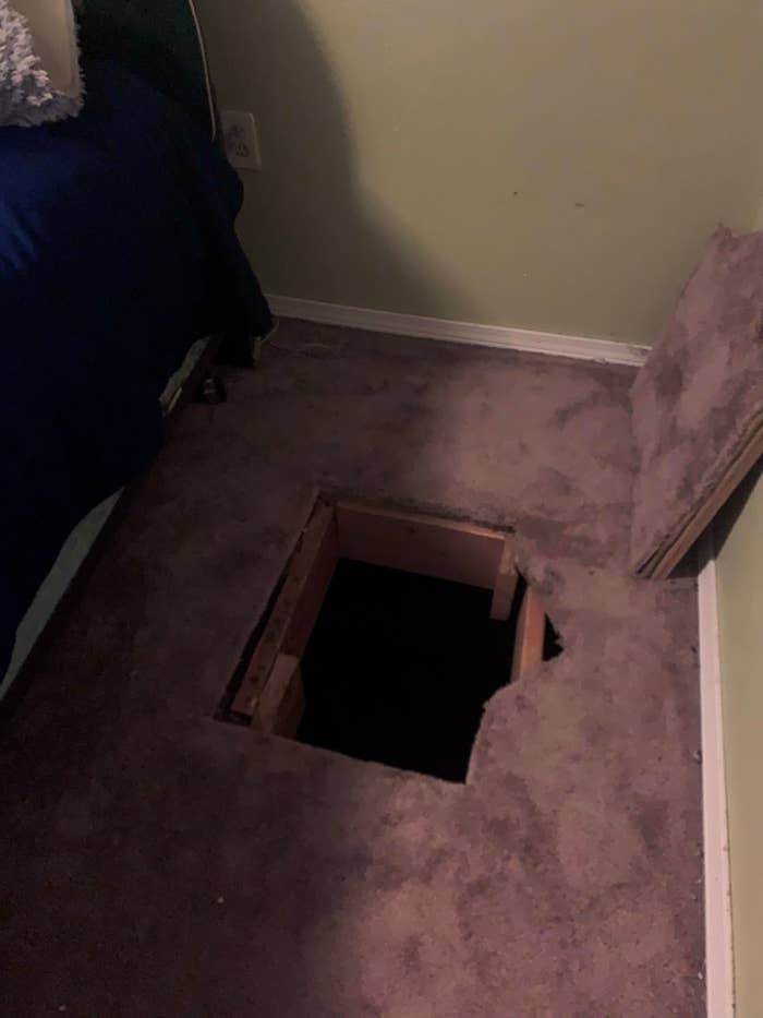 a crawl space that's been revealed by ripping up a section of carpeting and flooring