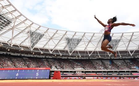 FILE PHOTO: Jul 9, 2017; London, United Kingdom; Tianna Bartoletta (USA) wins the women's long jump at 23-0 (7.01m) during the London Anniversary Games in an IAAF Diamond League meet at London Stadium at Olympic Park. Kirby Lee-USA TODAY Sports