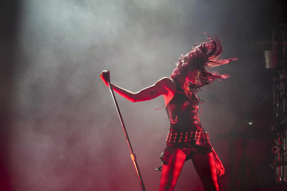 Dua Lipa performs during the Glastonbury Festival in Worthy Farm, Somerset, England, Friday, June 28, 2024. (Scott A Garfitt/Invision/AP)