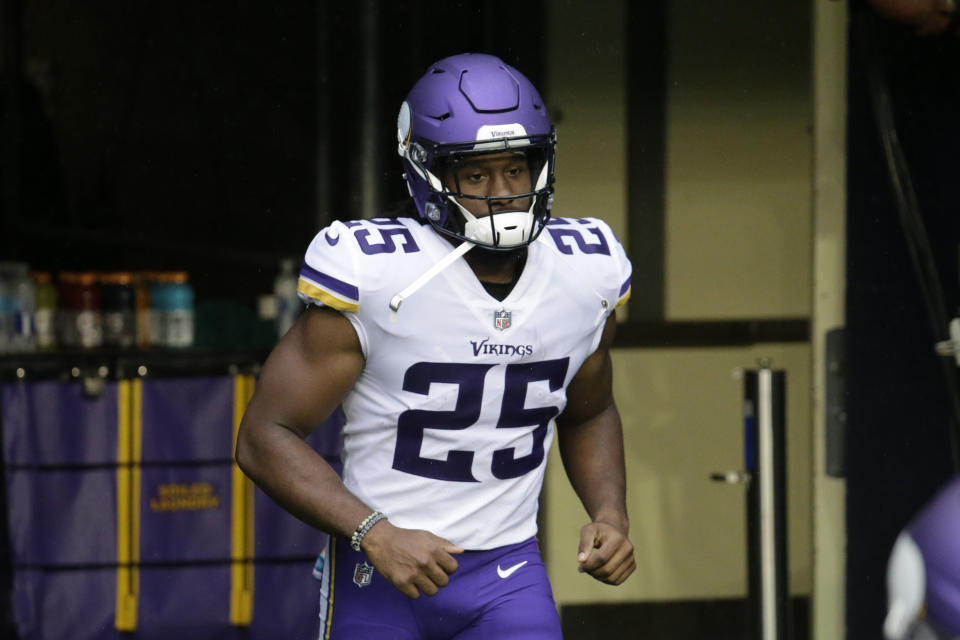 Minnesota Vikings' Alexander Mattison runs onto the field before an NFL football game against the Seattle Seahawks, Sunday, Oct. 11, 2020, in Seattle. The Vikings have been fully confident in Alexander Mattison's ability to complement Dalvin Cook in the backfield, and the second-year running back could get his career start this week if Cook is unable to play with a groin injury. (AP Photo/John Froschauer, File)