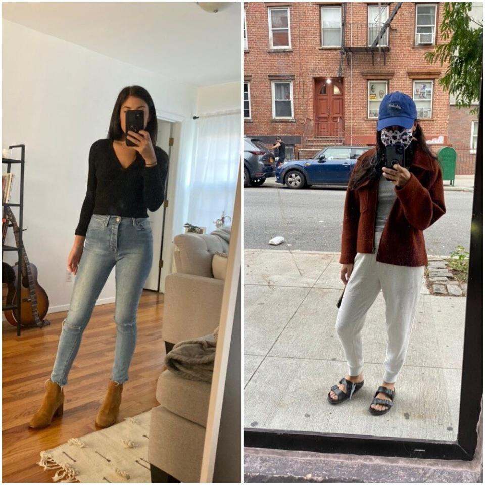 "The first outfit is my go-to fall outfit: skinny jeans with a cropped sweater and boots. I even did my hair and makeup. The second is: roll out of bed and change my top only, not bottoms, no bra, throw on a jacket, Birkenstocks and a hat to cover my undone hair and hide my face as much as possible :)."