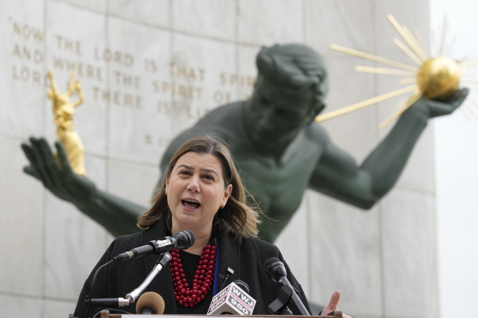 FILE - Rep. Elissa Slotkin, D-Mich., speaks to reporters March 2, 2023, in Detroit, about her candidacy for the U.S. Senate in 2024. The retirement of Democratic Sen. Debbie Stabenow has opened a Senate seat in Michigan. The race is expected to be highly competitive with control of the upper chamber on the line in November. (AP Photo/Carlos Osorio, File)