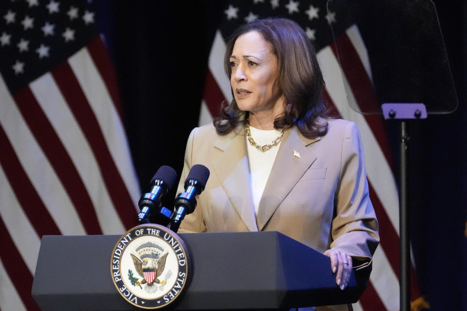 Vice President Kamala Harris delivers remarks at a campaign event in Pittsfield, Mass., Saturday, July 27, 2024. (AP Photo/Stephanie Scarbrough)