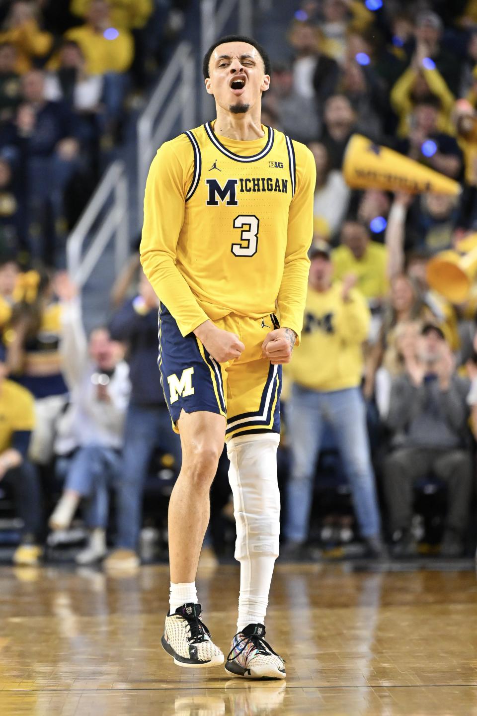 Jaelin Llewellyn of the Michigan Wolverines reacts against the Michigan State Spartans during the first half at Crisler Center in Ann Arbor on Saturday, Feb. 17, 2024.