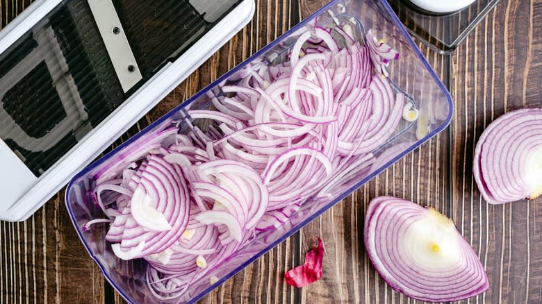 red onions sliced by mandoline