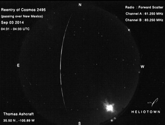 Satellite tracker Thomas Ashcraft, of Heliotown in Santa Fe, New Mexico, captured this long-exposure view of the brilliant fireball created by debris from a suspected Russian spy satellite on Sept. 2, 2014.
