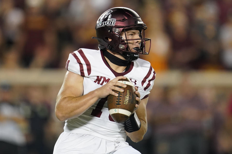 New Mexico State quarterback Diego Pavia looks to pass the ball during the first half of an NCAA college football game against Minnesota, Thursday, Sept. 1, 2022, in Minneapolis. (AP Photo/Abbie Parr)