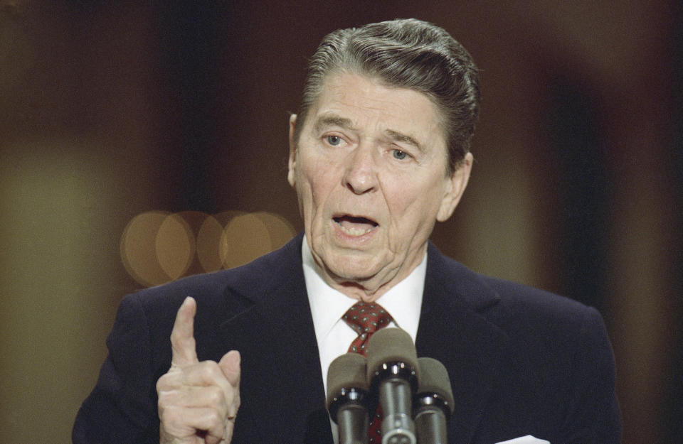 FILE - President Ronald Reagan speaks during a news conference in the East Room of the White House, Dec. 8, 1988, in Washington. In opening remarks, Reagan said that "extraordinary things" have happened in superpower relations in the last four years, but said there was "still some room for negotiations" despite Soviet leader Mikhail Gorbachev's troop reduction pledge. (AP Photo/Doug Mills, File)