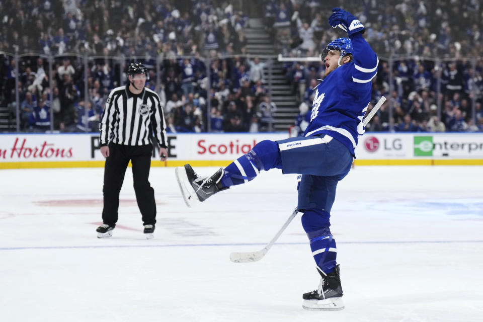 Toronto Maple Leafs right wing William Nylander celebrates his goal against the Tampa Bay Lightning during the second period of Game 1 of a first-round NHL hockey playoff series Tuesday, April 18, 2023, in Toronto. (Nathan Denette/The Canadian Press via AP)