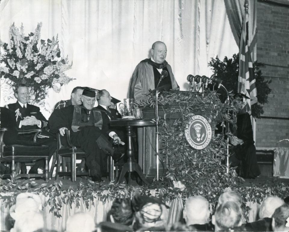 Winston Churchill delivers his Iron Curtain speech March 5, 1946, at Westminster College, in Fulton, Missouri. Photo courtesy of the National Churchill Museum