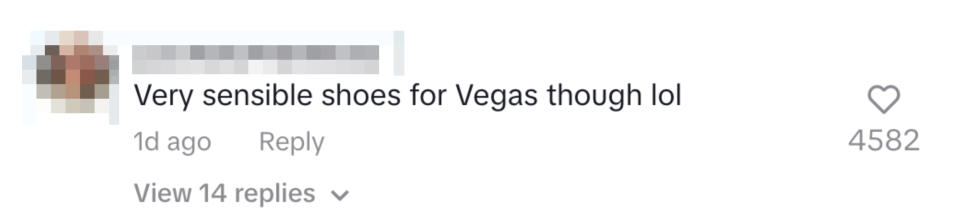 Comment reads: "Very sensible shoes for Vegas though lol"