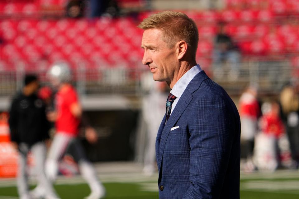 Nov 26, 2022; Columbus, Ohio, USA; Fox Sports announcer Joel Klatt walks across the field prior to the NCAA football game between the Ohio State Buckeyes and the Michigan Wolverines at Ohio Stadium. Mandatory Credit: Adam Cairns-The Columbus Dispatch