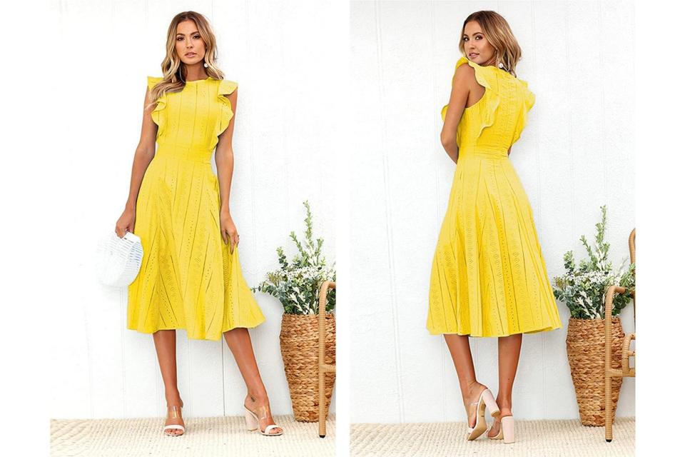 yellow dress destination wedding guest