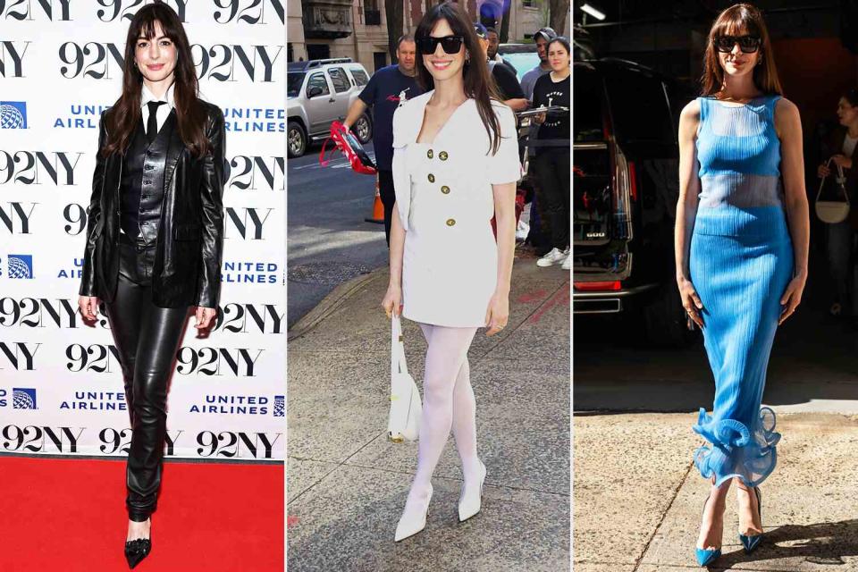<p>Jamie McCarthy/Getty; Raymond Hall/GC Images; Gotham/GC Images</p> Anne Hathaway rocks three outfit changes on "The Idea of You" press tour in New York City