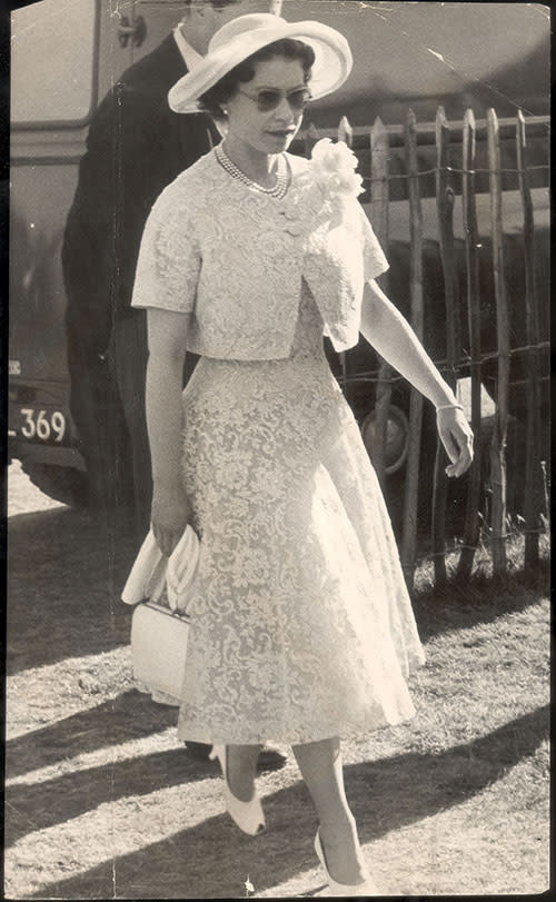 The Queen had much to celebrate after Royal Ascot in 1959 as she arrived at a Windsor cocktail party, wearing a lemon two-piece outfit, a hat and sunglasses, to celebrate her horse Above Suspicion's earlier triumph at the races.
