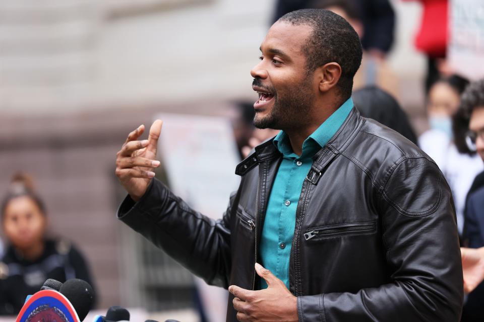 State Sen. Jabari Brisport speaks as people gather for a rally and press conference on Oct. 13, 2022, in New York City.