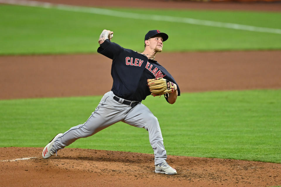 CINCINNATI, OH - AUGUST 3:  Zach Plesac #34 of the Cleveland Indians pitches against the Cincinnati Reds at Great American Ball Park on August 3, 2020 in Cincinnati, Ohio.  (Photo by Jamie Sabau/Getty Images)