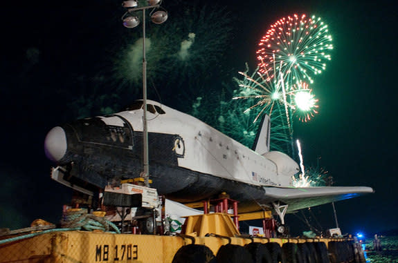 Fireworks celebrate the June 2012 arrival of Houston's full-size space shuttle mockup, which Space Center Houston's contest will now name.
